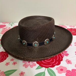 Fiesta Brown STRAW HAT with silver conchos turquoise leather band detail S